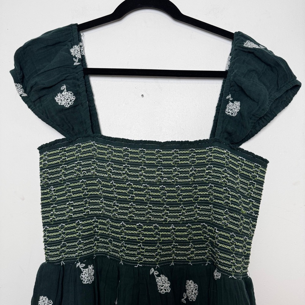 Free People Tory Embroidered Mini Dress XL Dark Green Floral‎ Smocked Boho - Picture 4 of 10